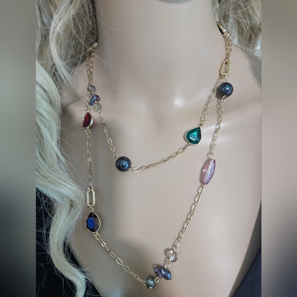 Style & Co Colorful Gemstone Station Necklace Gold Tone Long Boho - Picture 1 of 14